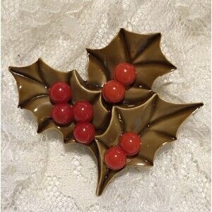 Vintage Celluloid Holly Berry Brooch Celluloid Christmas Holiday Red Brown